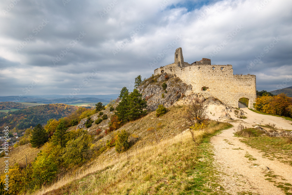 Cachtice castle with surrounding landscape in autumn time, Slovakia, Europe.