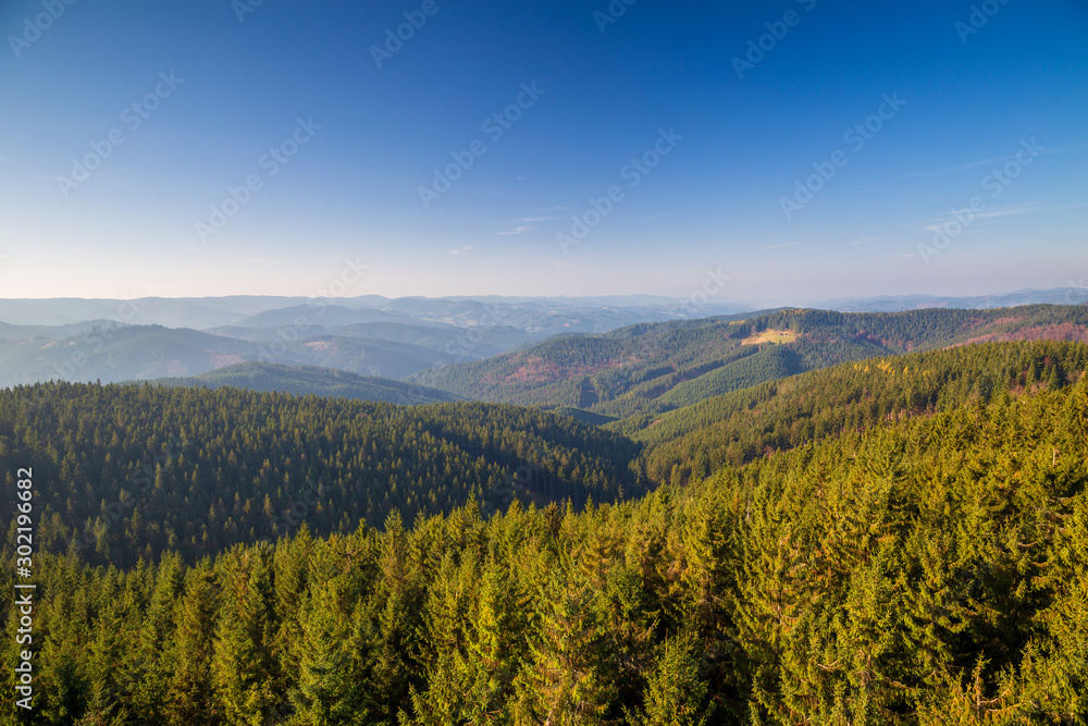 Mountainous countryside in northwest Bohemia, view of Beskydy Mountains, Czech republic, Europe.