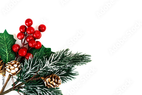 Different christmas decorations on white background, top view, text space