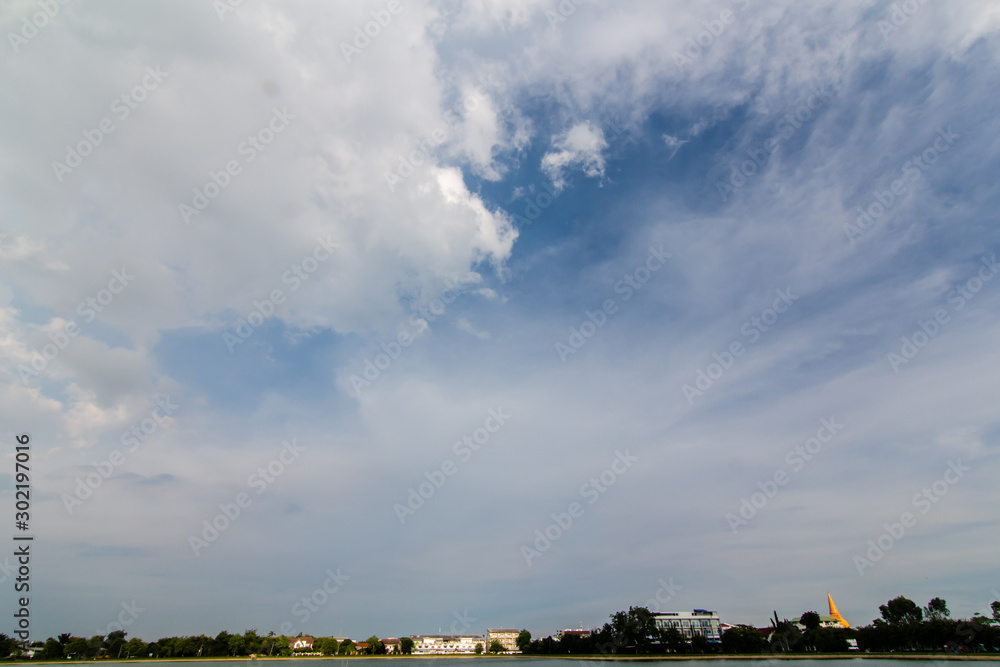 The clouds gather and the blue sky during the rainy season in Thailand.