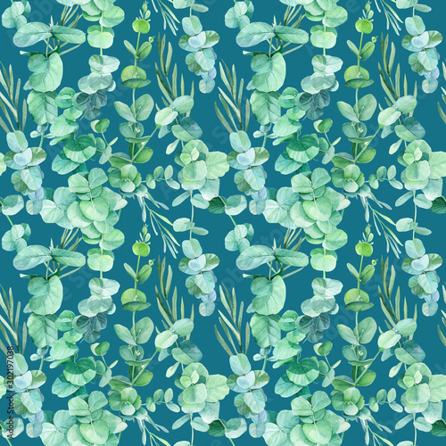 seamless pattern, beautiful pastel eucalyptus leaves, watercolor illustration