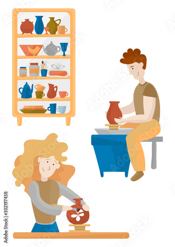 People create a vase on a pottery wheel. Pottery wheel and ceramics. Illustration of an article, postcard, flyer, poster. A man and a woman create a handmade clay pot. Stand with pottery and tools.