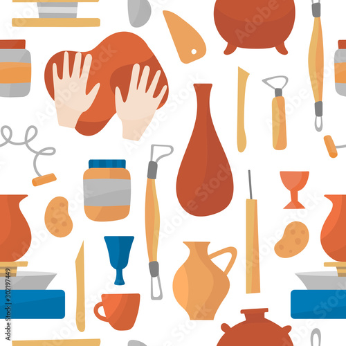 Pottery wheel and ceramics vector seamless pattern for background, print or textile. Pots, dishes, teapots, tools for clay, stacks, stages of work on the potter's wheel. Hands move clay top. 