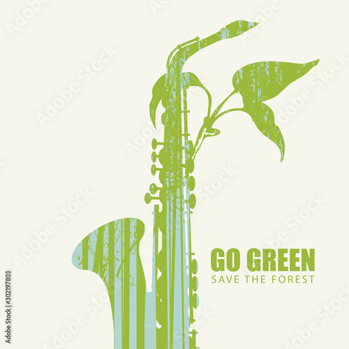 Vector illustration on the theme of environmental protection with the words Go green, Save the forest. Abstract poster in the form of saxophone and twig with silhouettes of trees. Eco Poster Concept