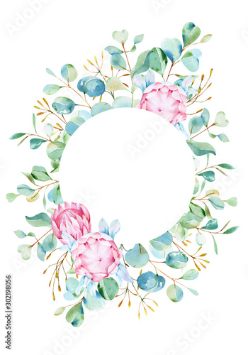 Watercolor eucalyptus wreath in blue and green colours. Silver dollar eucalyptus. Hand painted floral illustration with green leaves isolated on white background. For wedding, design or print.