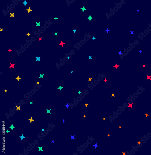 Seamless pattern with night sky and colorful flat stars. Vector tiling background.