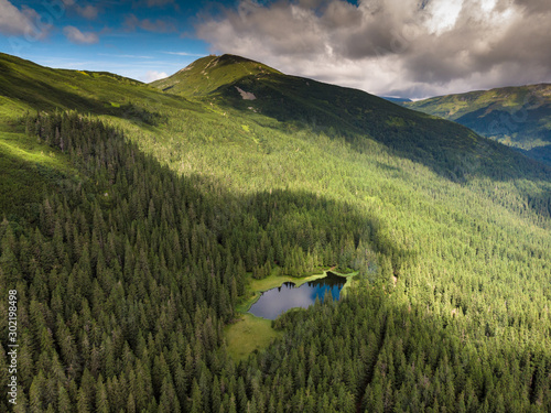 Aerial view ,beautiful lake Maricheika and mountain Pip Ivan in the Ukrainian Carpathians. Drone Ukrainian nature of the beautiful places of the country. photo