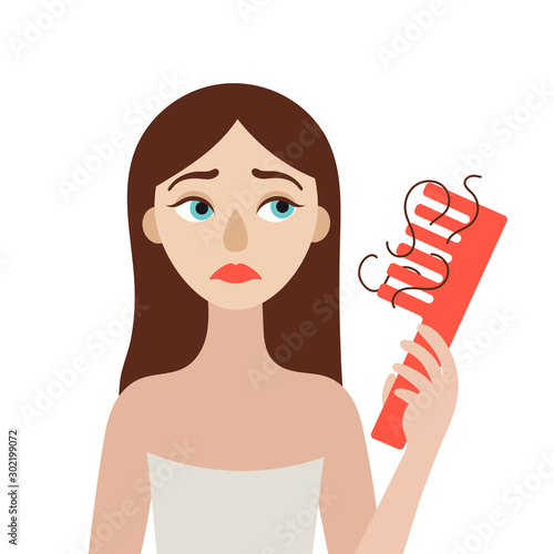 A young woman with hair loss problem. Comb in her hand. Alopecia. Flat isolated vector illustration on white background