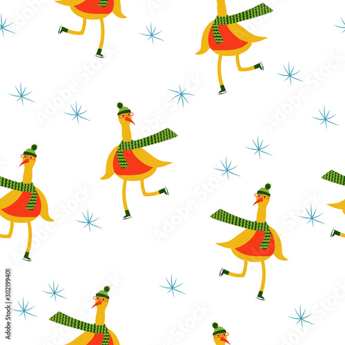 Seamless pattern: isolated geese on skates and snowflakes on a white background. vector. illustration