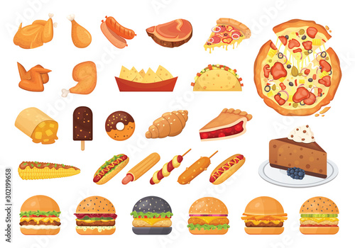 Big fast food set of vector icons in cartoon style. Street dinner junk menu. Burger, pizza, meat, hot dog, dessert.