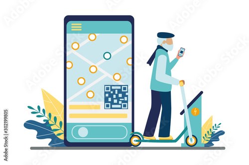 Electric and kick scooter rental sharing. The concept of activity and involvement in the modern technology of characters aged. Old man rents a scooter through a mobile app. Vector illustration