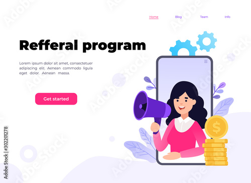 Refer a friend concept. Smartphone with a girl shouting in loud speaker. Refferal marketing strategy banner, landing page template, ui, web, mobile app, poster, banner, flyer