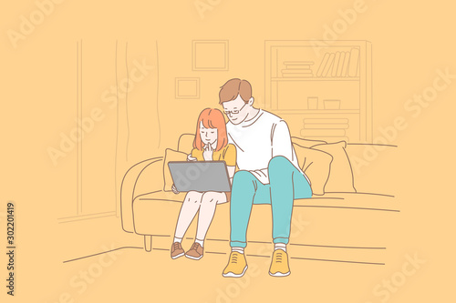 Fathers day, family, fatherhood, care, together learning concept. Happy enthusiastic father and daughter spend leisure time shopping online. Dads love for the child, parental hugs. Flat simple vector.