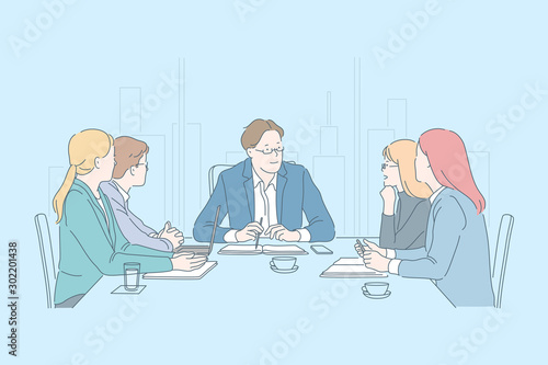 Business, teamwork, together, meeting concept. Young people businessman, businesswoman leadership plan strategy, agree on decision, analyze project. Question journalists. Startup. Flat simple vector.