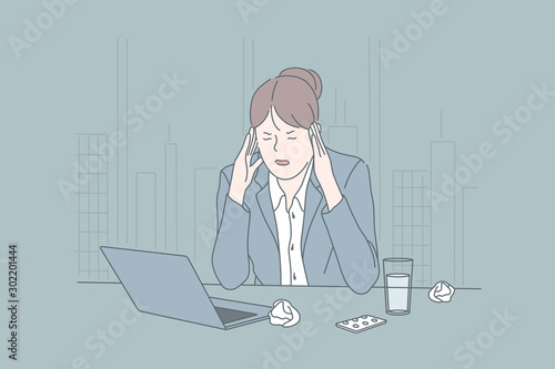 Stress, business, brainstorming, migraine concept. Young tired woman, businesswoman in depression has problems, headache. Sick ladys worried about troubles in the office. Pressure. Flat simple vector.