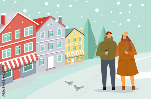 Couple walking in snowy town together vector. Man and woman drinking coffee, love relationship. People in warm clothes, winter illustration. Cityscape on background, snowflakes falling on ground