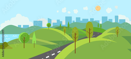 Fototapeta Naklejka Na Ścianę i Meble -  Public park with river and road to city.Vector illustration.Cartoon nature scene with hills and trees.Nature landscape with urban with sky background