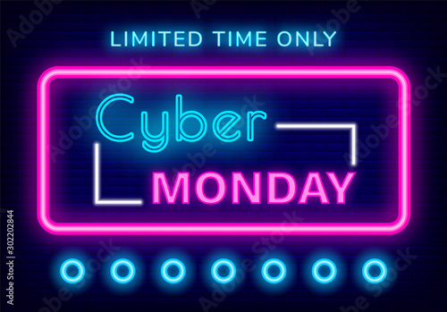 Cyber monday sale vector, neon sign glowing elements. Discount limited time only proposition of shop for clients. Shopping on holiday, clearance and proposals of stores. Ads flat style illustration