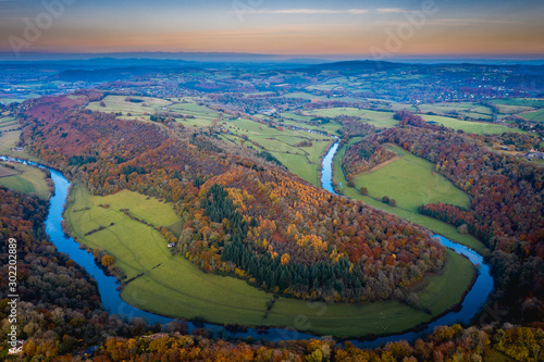 Aerial view of the Autumn leaves and colours at River Wye, Symonds Yat, Herefordshire, Midlands, England, UK photo