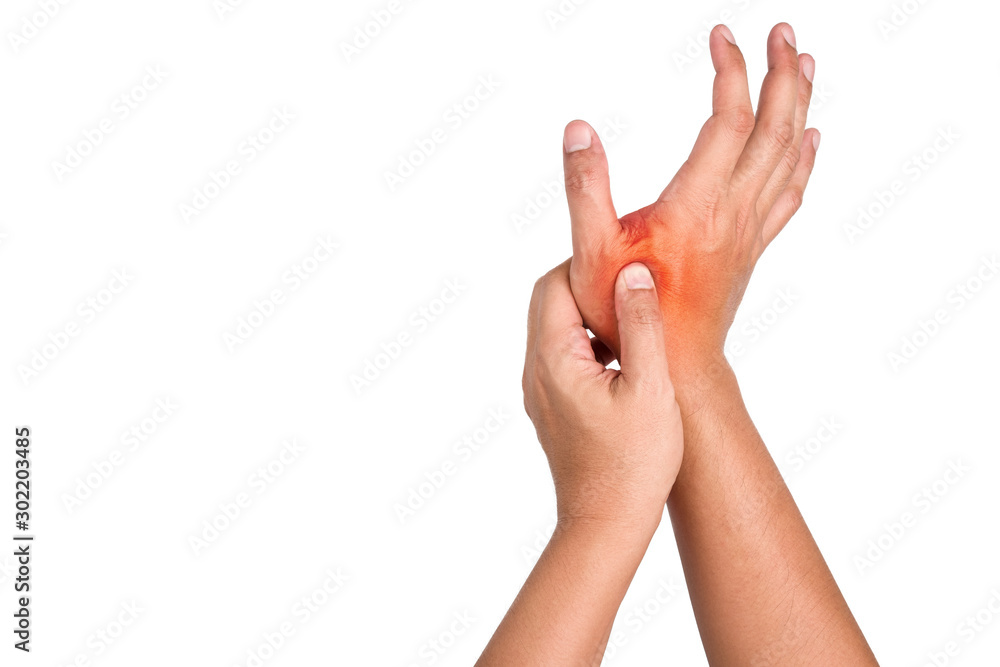 The human hands having a trigger finger from work hard, He touches the red dot with painful and suffers on isolated white background with clipping path. The human hands having a trigger finger from work hard, He touches the red dot with painful and suffers on isolated white background with clipping path.
