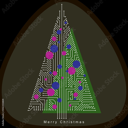 Vector illustration of futuristic evergreen Christmas tree, technology and science conceptual design. Holidays and celebration idea. Technology and nature balance concept.