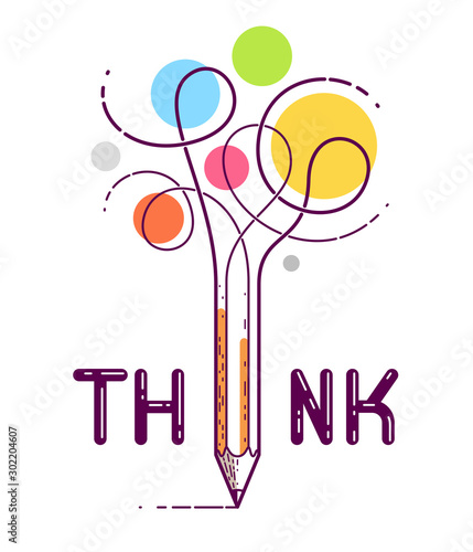 Think word with pencil instead of letter I, ideas and brainstorm concept, vector conceptual creative logo or poster made with special font.