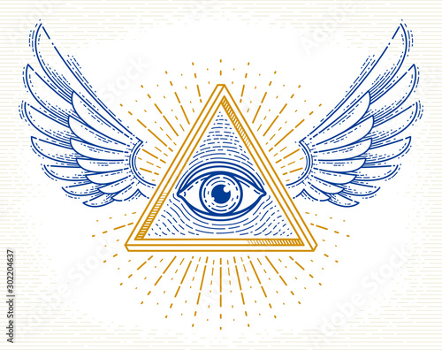All seeing eye of god in sacred geometry triangle with bird wings of falcon or angel, masonry and illuminati symbol, vector logo or emblem design element.