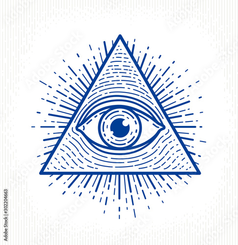 All seeing eye of god in sacred geometry triangle, masonry and illuminati symbol, vector logo or emblem design element.