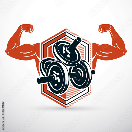 Vector illustration of strong man biceps arm and dumbbell. Weight lifting gym symbol, sports club.