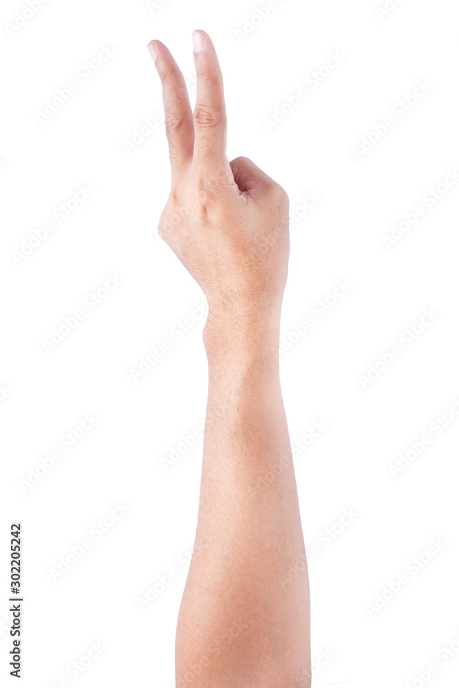 Male asian hand gestures isolated over the white background. Two fingers Action. Victory Pose. Male asian hand gestures isolated over the white background. Two fingers Action. Victory Pose.