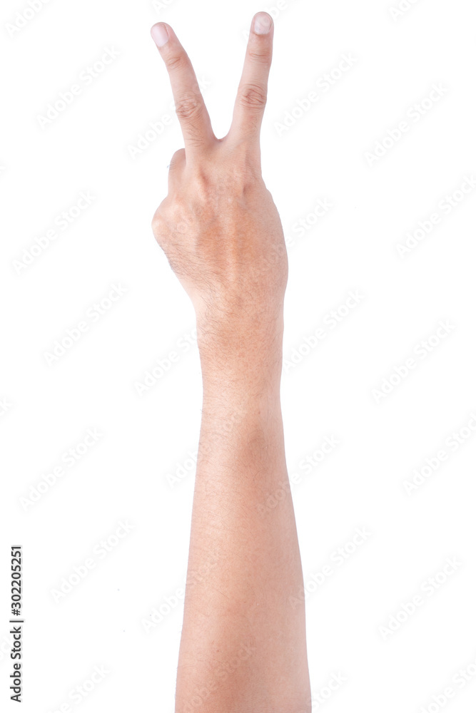 Male asian hand gestures isolated over the white background. Two fingers Action. Victory Pose. Male asian hand gestures isolated over the white background. Two fingers Action. Victory Pose.