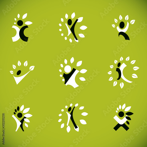 Vector illustrations set, excited abstract person with raised hands up. Restoring to health conceptual vector logo.