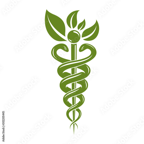 Aesculapius vector abstract illustration created using snakes and green leaves, Caduceus symbol. Healthy lifestyle is strong heart.