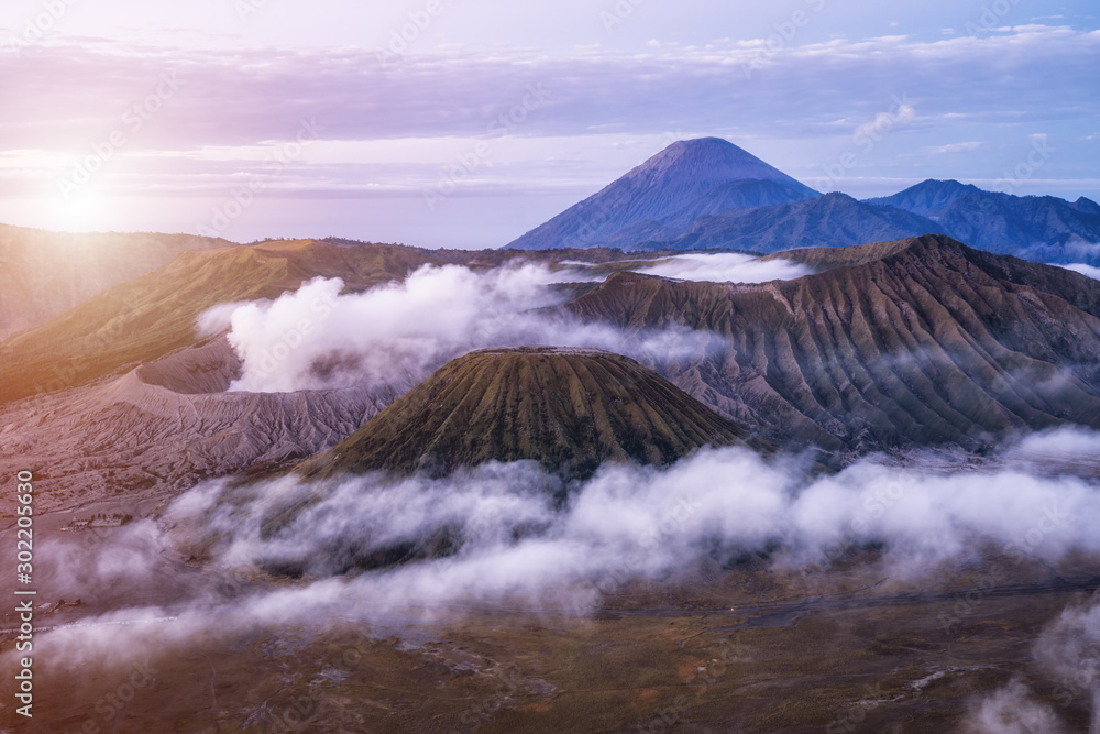 Beautiful landscape of Mount Bromo volcano viewpoint at Bromo Tengger Semeru National Park at sunrise, Indonesia.