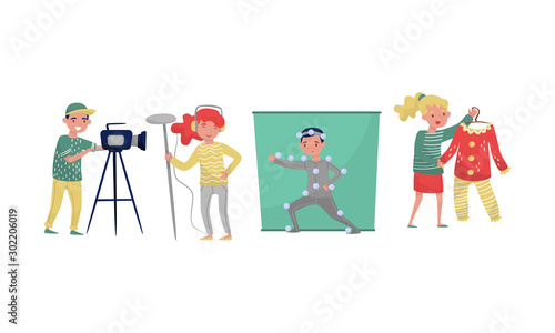 The Process Of Filming With Special Effects And Costumes Vector Illustration Set Isolated On White Background