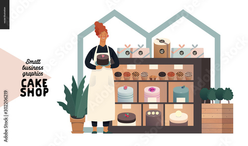 Cake shop, cakes on demand - small business graphics - owner at the display -modern flat vector concept illustrations - a baker at the display with a range of cakes, pastries, tarts and cupcakes