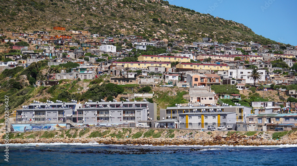 Fototapeta premium South Africa township landscape next to False bay and mountain