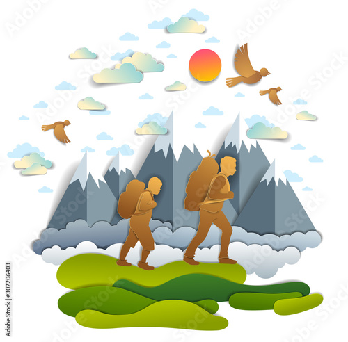 Active father and teenage son hiking through grasslands to mountains  birds in the summer sky. Fatherhood  hiker men having time of freedom in nature summer holidays  vector illustration.