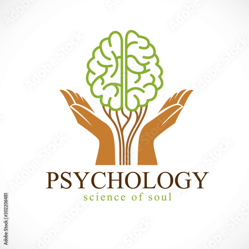 Mental health and psychology concept, vector icon or logo design. Human anatomical brain in a shape of green tree with tender guarding hands, growth and heyday of personality and individuality.