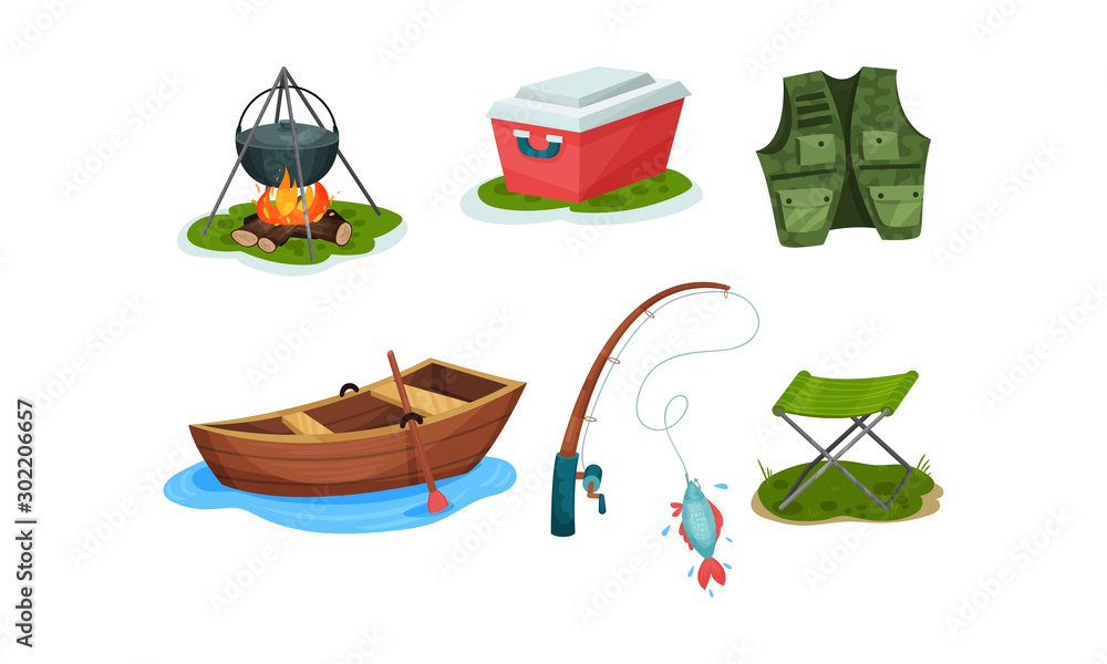 Fototapeta premium The Concept Of Outdoor Activities. Fishing Equipment Vector Illustration Set Isolated On White Background