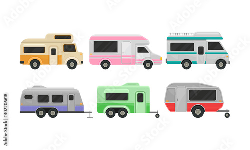 Different Kinds Of Classic Camper Vans And Trailers Vector Illustration Set