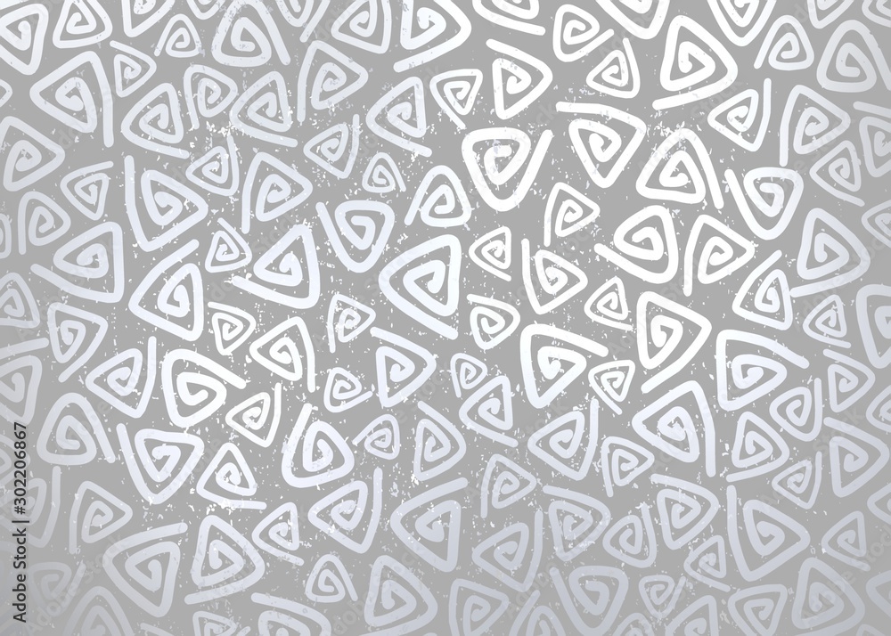 Triangles curls silver iridescent pattern on grey background. Brilliance metallic texture.