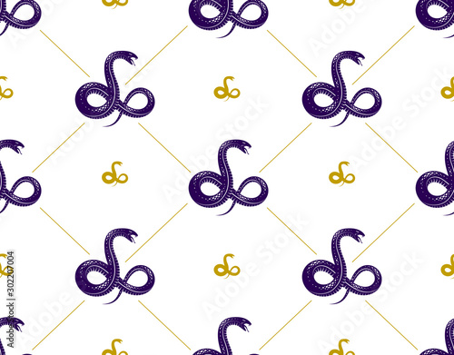Snakes seamless background, vector dangerous venom serpents pattern, vintage style drawing tiling endless wallpaper.