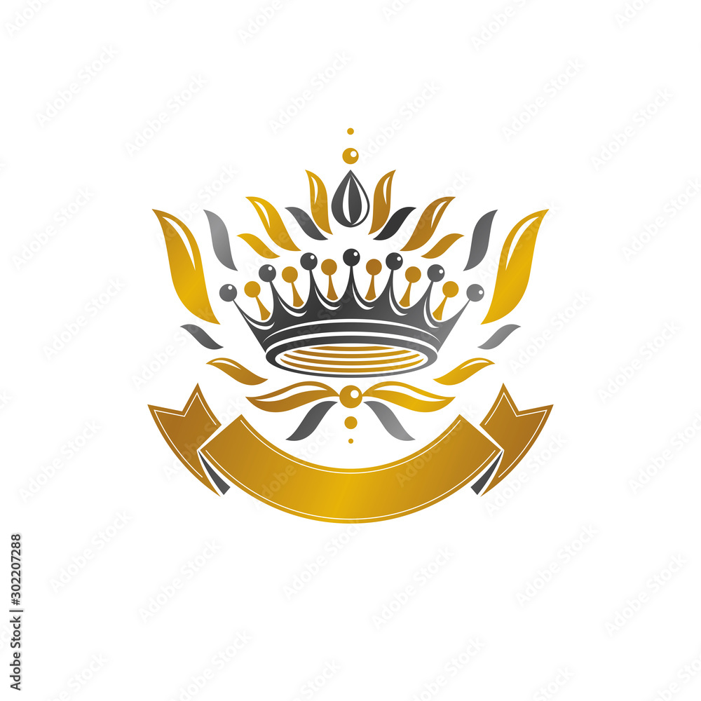 Royal Crown emblem. Heraldic vector design element. Retro style label, heraldry logo. Antique logotype isolated on white background. Royal Crown emblem. Heraldic vector design element. Retro style label, heraldry logo. Antique logotype isolated on white background.