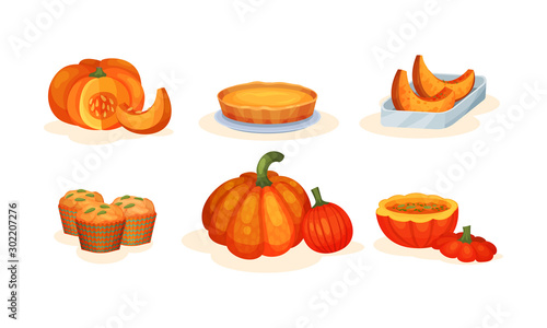 Autumn Seasonal Sweet Pumpkin Dishes Vector Illustration Set Isolated On White Background