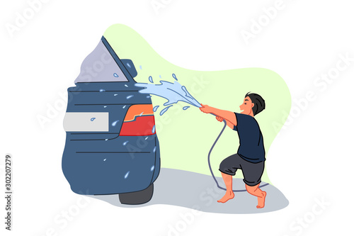Car wash service, earning pocket money, parent helper, child labour concept