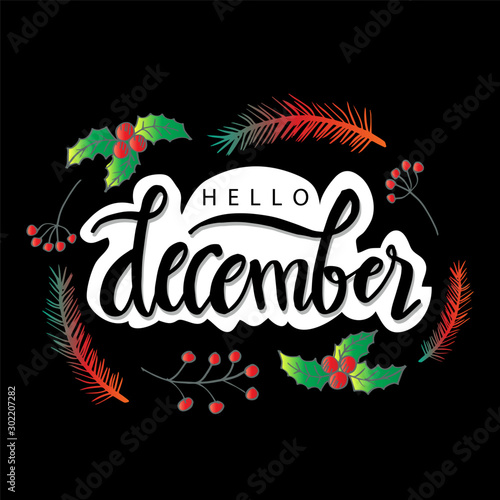 Hello December lettering. Greeting card.