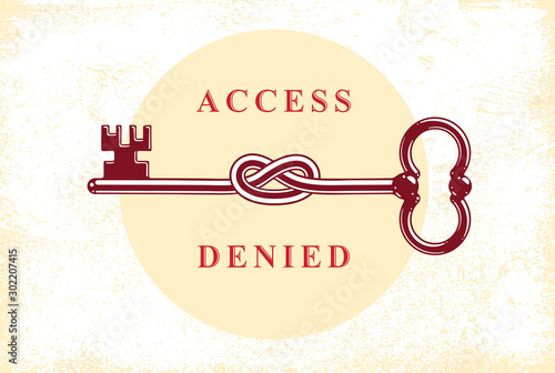 Access Denied, Knotted key allegorical symbol, vintage antique turnkey in a knot, blocked account, personal data protection, hacker and fraud attack, vector logo.
