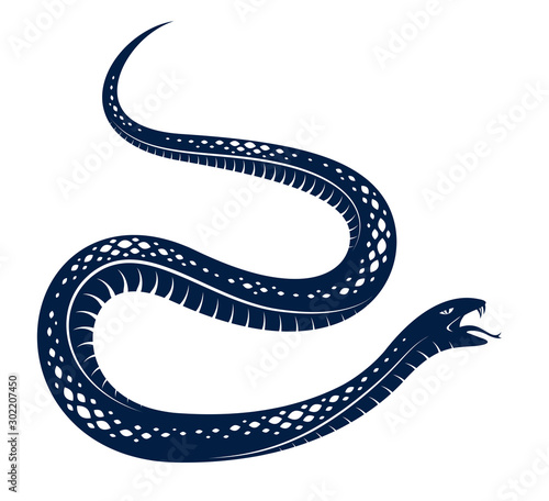 Venomous snake vintage tattoo, vector drawing of aggressive predator reptile, deadly poisoned serpent symbol, vintage style illustration.