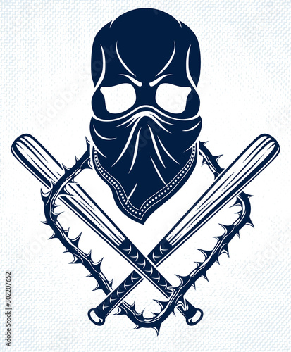 Brutal gangster emblem or logo with aggressive skull baseball bats design elements, vector anarchy crime or terrorism retro style, ghetto revolutionary.